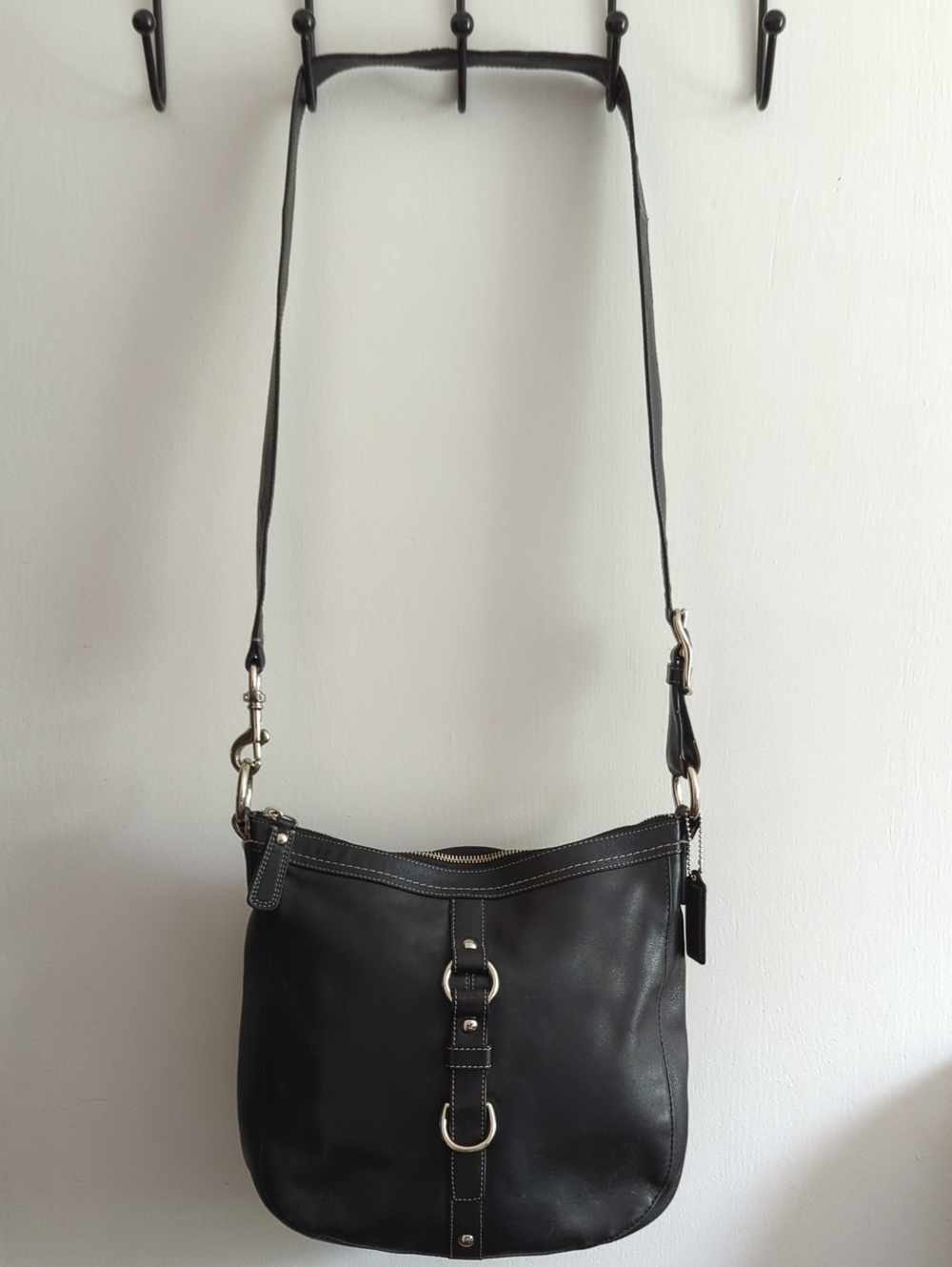 Coach Black Leather Crossbody Bag with Buckle Detail